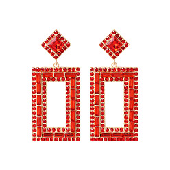 Red Exaggerated Fashion Alloy Inlaid Rhombus Earrings for Women - Full Diamond, Geometric Party Ear Jewelry.