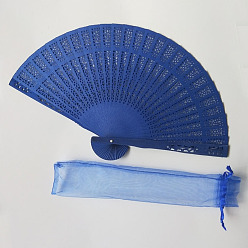 Royal Blue Wooden Folding Fan, Vintage Wooden Fan, with Organza Bag, for Party Wedding Dancing Decoration, Royal Blue, 200mm, Open Diameter: 330mm