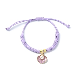 Lilac Shell Shape Alloy Enamel Pendant Bracelets with ABS Plastic Imitation Pearl, Adjustable Waxed Polyester Braided Cord Bracelets, for Women, Lilac, 0.12cm, Inner Diameter: 1-1/8~3-3/8 inch(2.9~8.5cm)