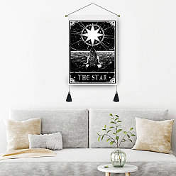 Star Rectangle Polyester Decorative Wall Tassel Hanging Tapestrys, for Home Decoration, with Wooden Rod and Plastic Hook, Black, Star, 500x350mm