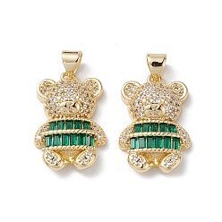 Green Brass Micro Pave Cubic Zirconia Pendants, Real 16K Gold Plated, Bear Charms, Green, 22x14x5mm, Hole: 5x3.5mm