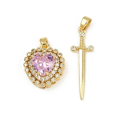 Сливовый Латунные микропаве прозрачные кубические цирконии подвески наборы, сердце и меч, со стеклом, без свинца и без кадмия, долговечный, стойки покрытие, реальный 18 k позолоченный, слива, Сердце: 18.5x16.5x8.5 mm, отверстие : 4.5x3 мм