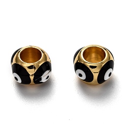 Black Brass European Enamel Beads, Long-Lasting Plated, Real 18K Gold Plated, Large Hole Beads, Round with Evil Eye, Black, 9x8.5x6mm, Hole: 4mm