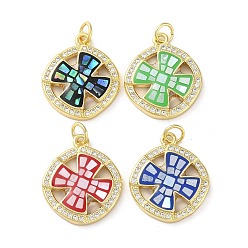 Mixed Color Brass Micro Pave Clear Cubic Zirconia Pendants, with Enamel, Shell and Jump Ring, Real 18K Gold Plated, Flat Round with Cross, Mixed Color, 21x17.5x2.8mm, Hole: 3.6mm