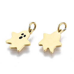 Real 14K Gold Plated 316 Surgical Stainless Steel Enamel Charms, with Jump Rings, for Halloween, Ghost, Black, Real 14K Gold Plated, 10x8x1mm, Jump Ring: 3.8x0.6mm, 2.6mm inner diameter