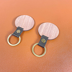Black DIY Unfinshed Wooden Keychains, with Imitation Leather Findings, Flat Round, Black, 7.6x5cm