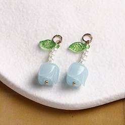 Светло-Голубой Подвески из смолы, роза, с акриловыми бусинами и золотистой петлей, Небесно-голубой, 30x10 мм