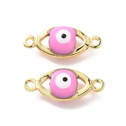 Pink Brass Enamel Connector Charms, Real 18K Gold Plated, Evil Eye, Pink, 6x14x4mm, Hole: 1mm