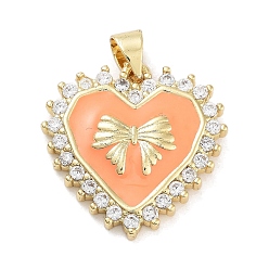 Оранжевый Стойка металлическая латунная микропрофилированная кубическая циркония подвески, с эмалью, долговечный, без свинца и без кадмия, реальный 18 k позолоченный, сердце с бантом, оранжевые, 20.5x20x3.5 мм, отверстие : 5x3.5 мм