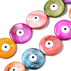 Mixed Color Natural Freshwater Shell Beads Strands, with Enamel, Double-Faced, Flat Round with Evil Eye, Dyed, Mixed Color, 24~25x5~6mm, Hole: 0.9mm, about 16pcs/strand, 15.83 inch(40.2cm)