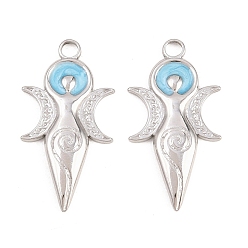 Светло-Голубой 304 нержавеющей стальной эмали подвески, оберег тройной богини луны, цвет нержавеющей стали, Небесно-голубой, 31x16x2.5 мм, отверстие : 2.8 мм