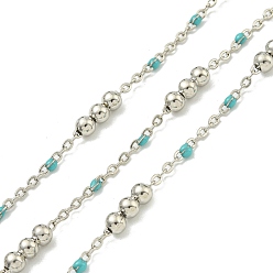 Темно-бирюзовый Цепочка из латунных эмалевых круглых бусин, пайки, с катушкой, долговечный, без кадмия и без свинца, платина, темные бирюзовый, 12x3.5 мм