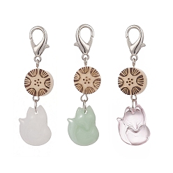 Mixed Color Fox Glass Pendant Decorations, Ivory Nut and Zinc Alloy Lobster Clasps Charm, Clip-on Charms, for Keychain, Purse, Backpack, Mixed Color, 53mm, 3pcs/set