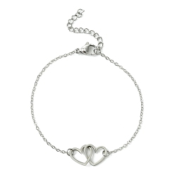 Platinum Alloy Interflocking Heart Link Bracelet with Brass Cable Chains, Platinum, 7-1/8 inch(18.2cm)