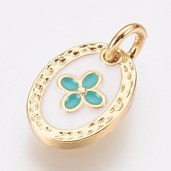 Golden Brass Enamel Charms, Lead Free & Cadmium Free, Oval with Flower, Golden, 12x9x2mm, Hole: 2.8mm