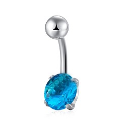 Deep Sky Blue Piercing Jewelry, Brass Cubic Zirconia Navel Ring, Belly Rings, with 304 Stainless Steel Bar, Lead Free & Cadmium Free, Flat Round, Platinum, Deep Sky Blue, 19x8mm, Bar: 15 Gauge(1.5mm), Bar Length: 3/8"(10mm)