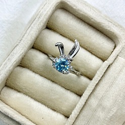 Deep Sky Blue Brass Micro Pave Cubic Zirconia Finger Rings for Women, Rabbit, Platinum, Deep Sky Blue, 15~20mm