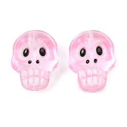 Pink Bedruckte Backfarbe, transparente Glasperlen, Schädel, rosa, 20x15x13 mm, Bohrung: 1.6 mm