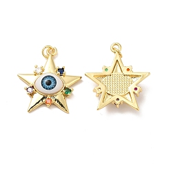 Sky Blue Brass Micro Pave Colorful Cubic Zirconia Pendants, with Resin, Real 18K Gold Plated, Star with Evil Eye, Sky Blue, 32x29.5x7mm, Jump Ring: 6x1mm, Inner Diameter: 4mm