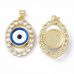 Blue Rack Plating Brass Micro Pave Clear Cubic Zirconia Pendants, with Resin, Real 18K Gold Plated, Long-Lasting Plated, Cadmium Free & Lead Free, Oval with Evil Eye, Blue, 29x19.5x7mm, Hole: 4x3mm