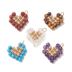 Mixed Stone Natural & Synthetic Mixed Gemstone Copper Wire Wrapped Pendants, Heart Charms, with Golden Tone Brass Beads, 22.5x22x4.5mm, Hole: 3.6mm