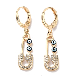 Dark Blue Golden Brass Dangle Leverback Earrings, with Enamel and Cubic Zirconia, Safety Pin with Evil Eye, Dark Blue, 36.5x8mm