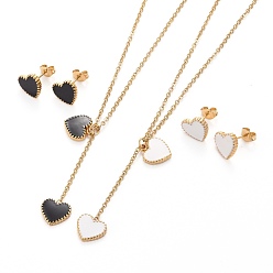 Mixed Color Heart 304 Stainless Steel Enamel Jewelry Sets, Cable Chains Pendant Necklaces and Stud Earrings, with Lobster Claw Clasps and Ear Nuts, Golden, Mixed Color, 17.11 inch(45cm), 9.5x10x1.5mm, Pin: 0.6mm