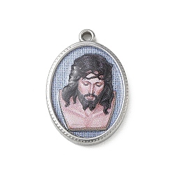 Нержавеющая Сталь Цвет 304 Подвески из нержавеющей стали с религиозным принтом, овальные подвески с изображением Иисуса, цвет нержавеющей стали, 23.5x16x3 мм, отверстие : 1.8 мм