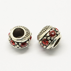 Siam Alloy Rhinestone European Beads, Rondelle Large Hole Beads, Antique Silver, Siam, 11x10mm, Hole: 5mm