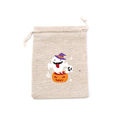 Ghost Rectangle Jute Packing Pouches, Halloween Printed Drawstring Bags, Ghost, 14x10cm