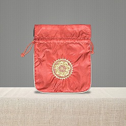 Tomato Chinese Style Brocade Drawstring Gift Blessing Bags, Jewelry Storage Pouches for Wedding Party Candy Packaging, Rectangle with Flower Pattern, Tomato, 18x15cm