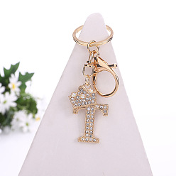 Letter T Crystal Rhinestone Initial Letter with Crown Pendant Keychains, with Light Gold Alloy Findings, Letter.T, 10~10.5cm, alphabet: 40~46x20~45mm