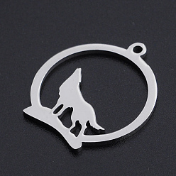 Stainless Steel Color 201 Stainless Steel Pendants, Howling Wolf Pendants, Ring with Wolf, Stainless Steel Color, 23x20x1mm, Hole: 1.5mm