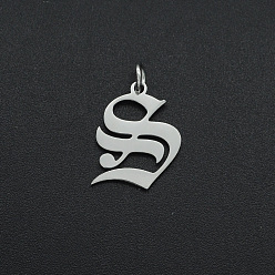 Letter S 304 Stainless Steel Pendants, with Jump Ring, Old English, Letter, Laser Cut, Stainless Steel Color, Letter.S, 17x13x1mm, Hole: 3mm