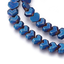Blue Plated Electroplated Non-magnetic Synthetic Hematite Beads Strands, Frosted, Heart, Blue Plated, 8x7x3mm, Hole: 0.8mm, about 65pcs/strand, 15.94 inch(40.5cm)