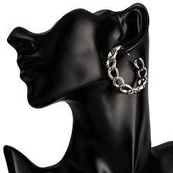 silver Bohemian Geometric Cutout Earrings with Chain Tassel and Metal Hoops
