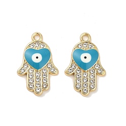 Bleu Ciel Foncé Plaqué or pendentifs en alliage d'émail, avec strass, plaqué longue durée, Main de Hamsa avec breloque cœur et mauvais œil, bleu profond du ciel, 22.5x14.5x3mm, Trou: 2mm