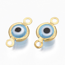 Light Blue Handmade Evil Eye Lampwork Links connectors, with 304 Stainless Steel Findings, Flat Round, Golden, Light Blue, 12.5x7x2.5mm, Hole: 1.5mm