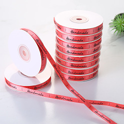 Cerise Printed Polyester Ribbons, Garment Accessory, Word Handmade, Cerise, 3/8 inch(10mm), about 25 yards/roll