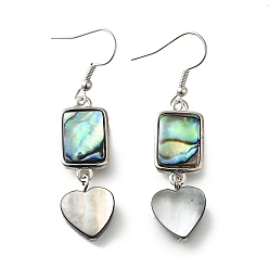 Сердце Серьги-подвески из латунной ракушки с черными ракушками, долговечный, платина, сердце, 54x13 мм