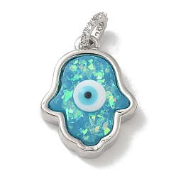 Голубой Стойки обшивки латунные подвески, с имитацией опала из смолы и блестками, долговечный, без свинца и без кадмия, Хамса руку с дурным глазом, голубой, 19.5x14.5x5 мм, отверстие : 3 мм