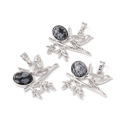 Snowflake Obsidian Natural Snowflake Obsidian Pendants, with Platinum Tone Brass Findings, Cadmium Free & Lead Free, Bird with Oval Charms, 29x32x6mm, Hole: 5x8mm