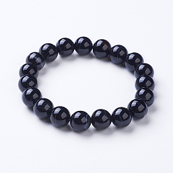 Black Natural Striped Agate/Banded Agate Beaded Stretch Bracelets, Dyed, Round, Black, 2 inch(50mm)