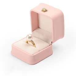 Pink Crown Square PU Leather Ring Jewelry Box, Finger Ring Storage Gift Case, with Velvet Inside, for Wedding, Engagement, Pink, 5.8x5.8x4.8cm