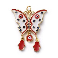 Red Brass Micro Pave Cubic Zirconia Pendants, with Enamel, Butterfly & Evil Eye & Hamsa Hand, Golden, Red, 32x26.5x3mm, Hole: 3.5mm