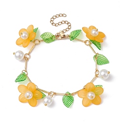 Orange Acrylic Flower & Glass Pearl Charm Bracelets, with Brass Chains, Orange, 6-7/8~7-1/8 inch(17.5~18cm)