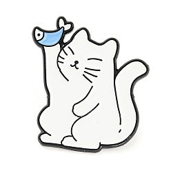 Cat Shape Cartoon Style Enamel Pins, Black Alloy Badge for Backpack Clothes, Cat & Fish, 27.5x25x1mm
