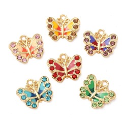 Mixed Color Rack Plating Alloy Enamel Pendants, with Rhinestone, Golden, Butterfly Charm, Mixed Color, 17x19.5x3mm, Hole: 2.2mm