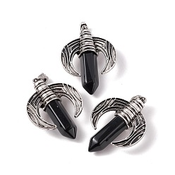 Obsidian Natural Obsidian Pendants, with Antique Silver Tone Alloy Ox Horn Findings, Cadmium Free & Lead Free, Faceted Bullet Charm, 49x36x15mm, Hole: 4x8mm