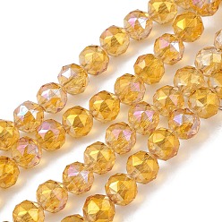 Orange Transparent Electroplate Glass Beads Strands, Faceted, Round, Half Rainbow Plated, Orange, 9~10x9~9.5mm, Hole: 1.4mm, about 54~60pcs/strand, 18.90~21.65 inch(48~55cm)